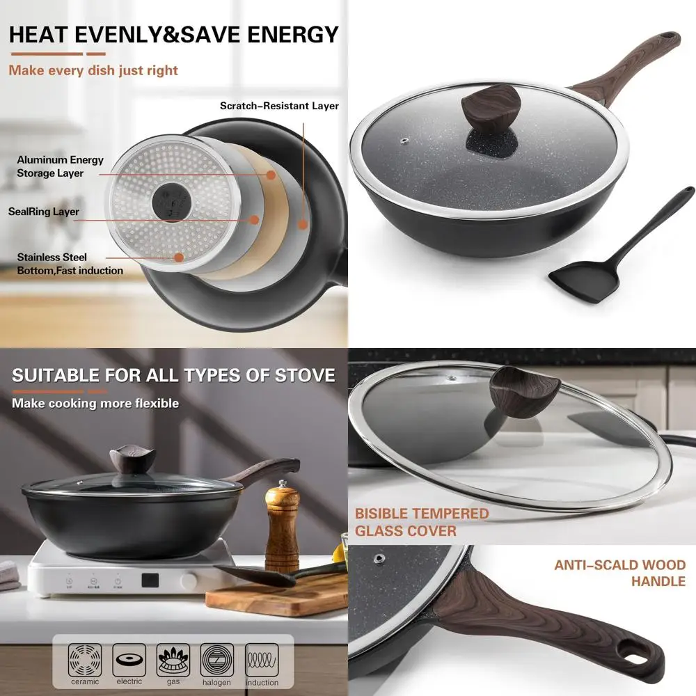 

12-Inch Nonstick Wok with Lid, Stir Fry Pan, Induction Compatible, Suitable for All Cooktops