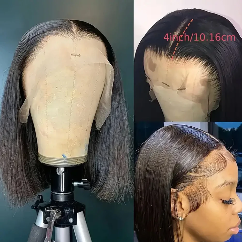 Peruca brasileira de curto bob para mulheres negras, cabelo humano, perucas transparentes frente do laço, densidade 180%, cabelo remy, cor natural, 13x4, 4x4