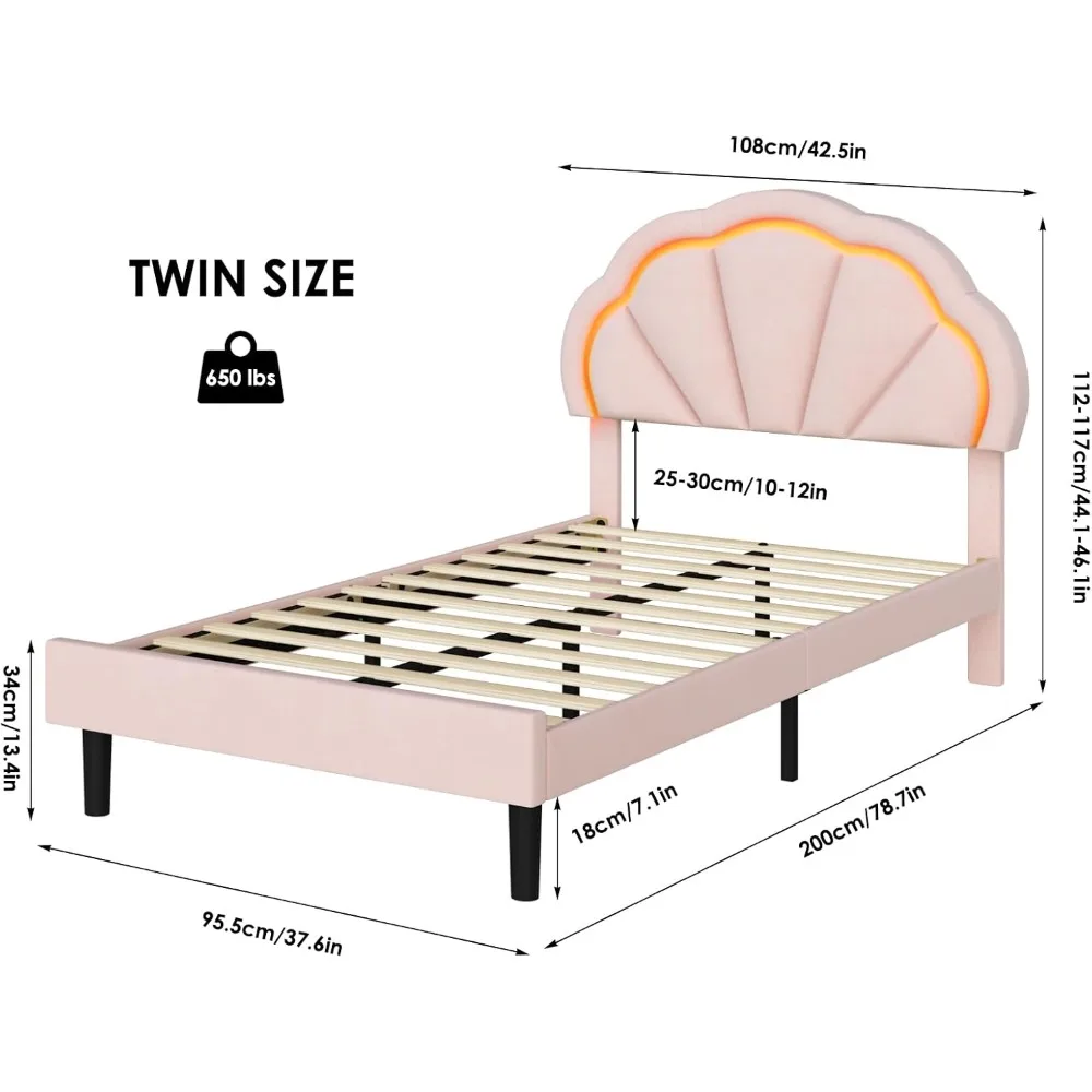 Struttura letto doppia imbottita a LED intelligente con testiera petalo chic regolabile, telai letto principessa con piattaforma doppia per bambini/ragazze