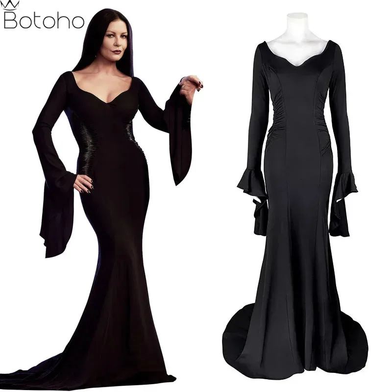 

2025 New Wednesday Addams Family Morticia Cosplay Costume Wig Black Sexy Up Slim Party Evening Dress For Women Halloween Carniva