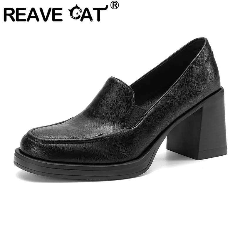 

Женские туфли-лоферы REAVE CAT черные, с круглым носком, на каблуке 7,5 см, большие размеры 41, 42, 43, повседневные, мягкие, ручной работы