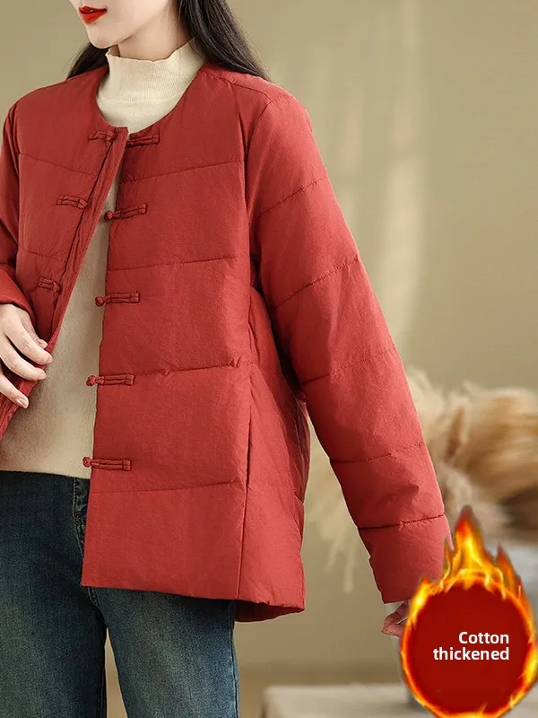 

Winter New Arrival Red Chinese Sle Casual Cotton Jaet Thiened ort Coat round Ne Button up Women's Warm Outerwear