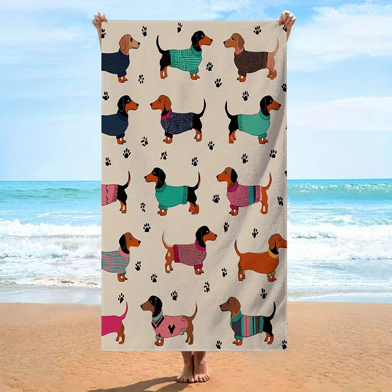 1pc Repeating Dachshund Pattern Beach Towel Dogs in Sweaters with Stripes Polka Dots Beige Background Black Paw Prints Cheerful