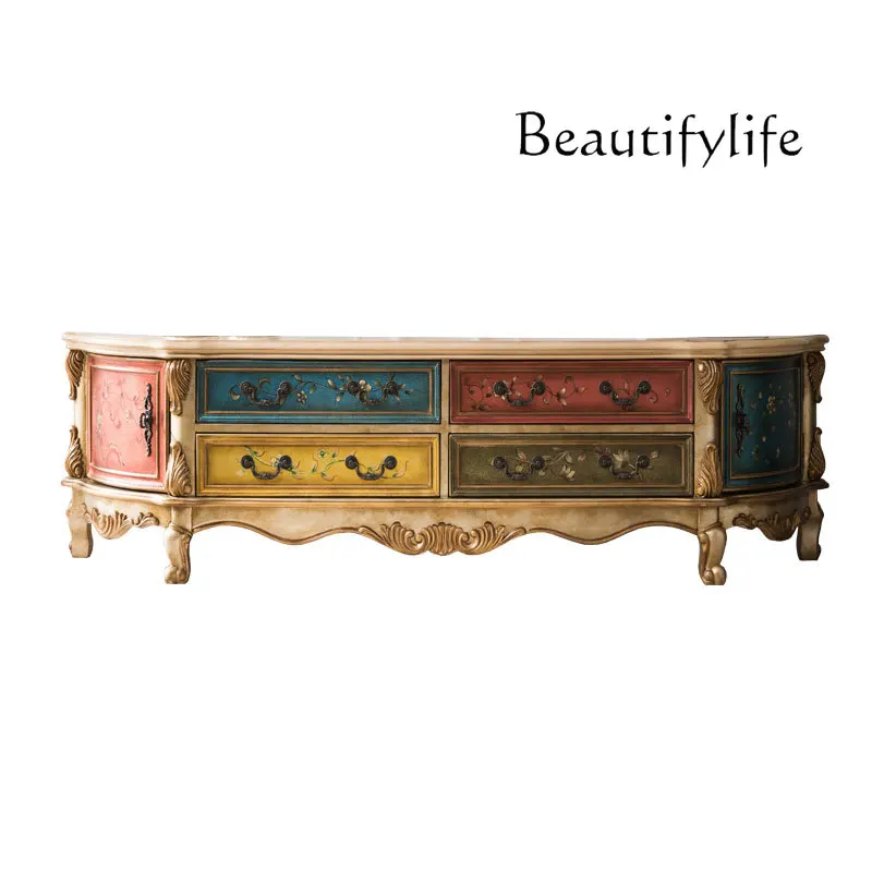 

American country TV cabinet living room, European solid wood TV cabinet painted engraved combination audio-visual cabinet