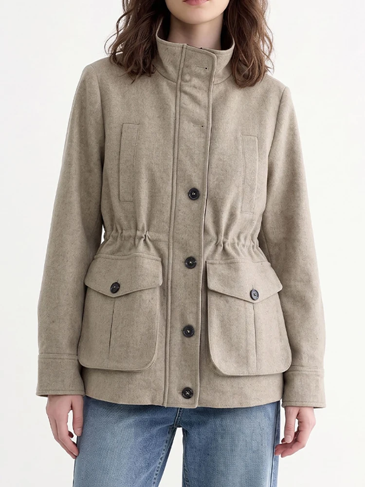 Stand neck long sleeve light linen grey women's jacket, Fall/Winter 2026 new cargo wool blend cropped jacket