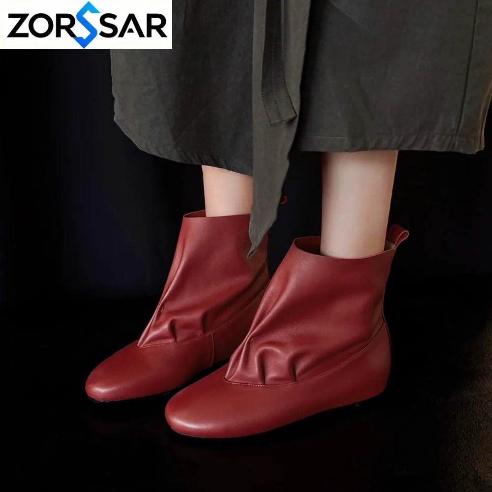 Women Leather Ankle Boots Flats Square Toe Designer Shoes Trend New Snow Boots Walking Goth Chelsea Boots Zip Female Zapatos
