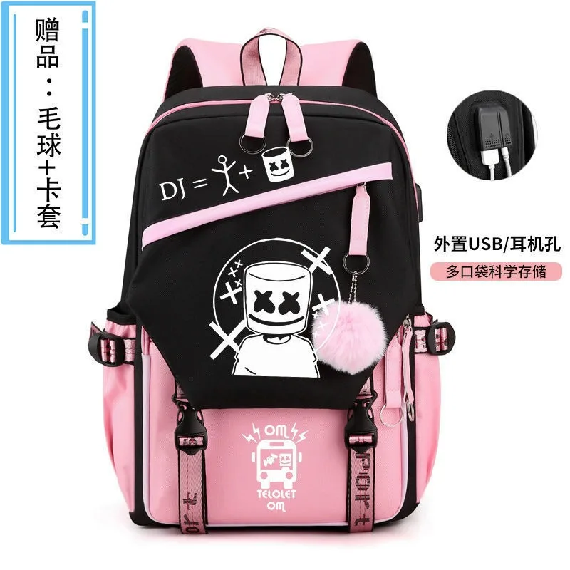 Breathable mesh,With USB, jack 3.5mm,Black Blue Pink White Yellow,Marshmello, Kids Teens School Bags, Anime Backpacks Girls Boys