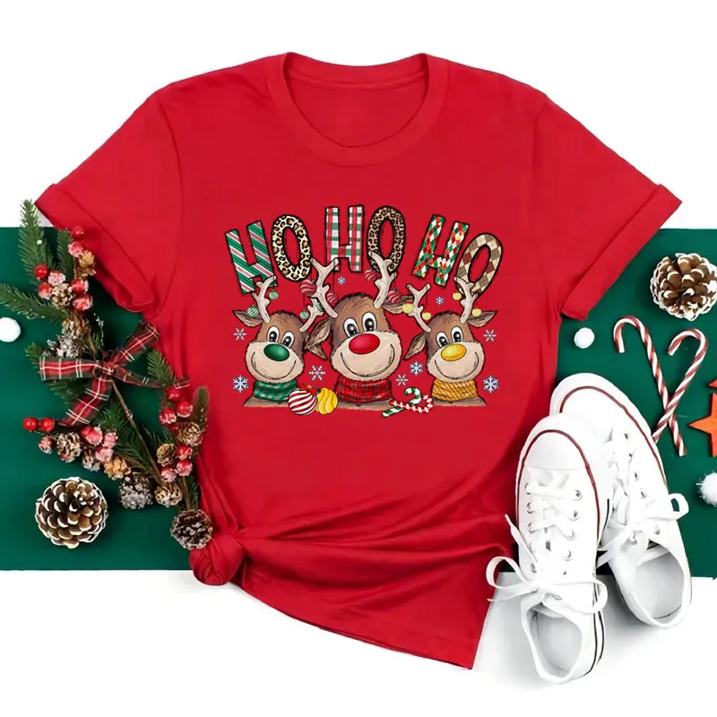 Christmas Oh Oh Oh Reindeer Red Women T Shirt Funny Graphic Christmas Party Outfit Harajuku Casual Female Clothing O-Neck Tops