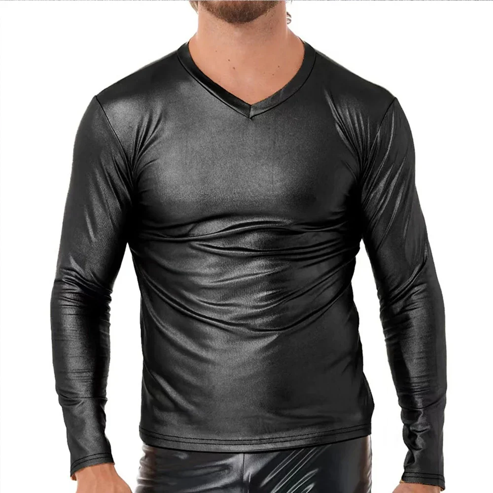 Men Black Wet Look Faux Leather Tees Male Long Sleeve Leather T-shirts Slim Fit V Neck Tops Nightclub Stage Performance Costumes