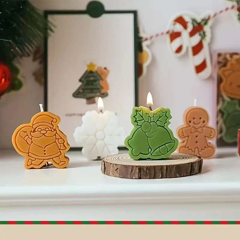 Festive Christmas Scented Candles 4Pcs, Gingerbread, Santa Claus, Snowflake & Christmas Tree Fragrance, Creative Home Decoration