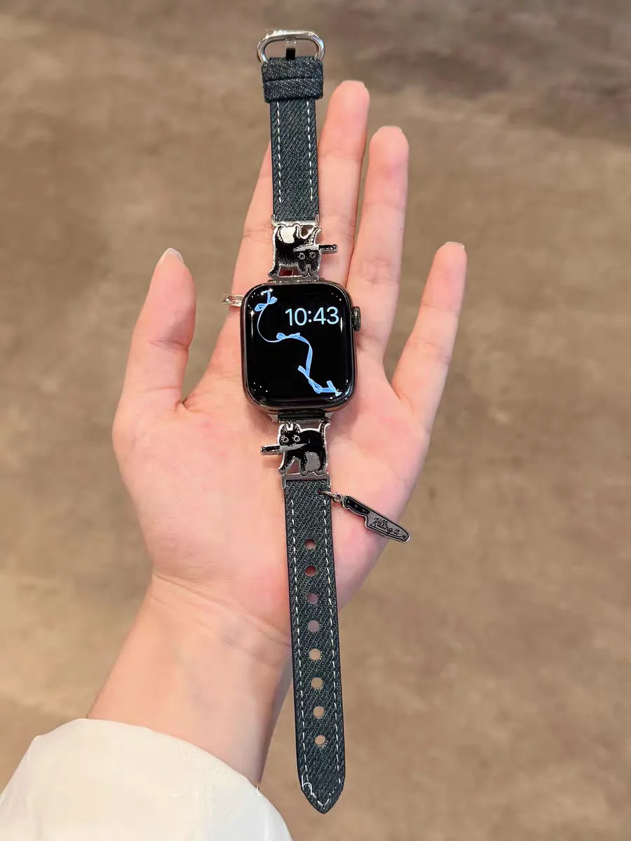 حزام جلدي نحيف من قماش الدنيم لساعة أبل 38/42 40/44 41/45 مللي متر 49Ultra Cat مع سوار سكين لساعة IWatch S10 42/46 مللي متر 9876SE