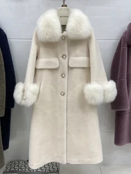New Arrival Women Autumn 100% Sheep Fur Woolen Long Coat With Natural Fox Fur Collar and Cuff Long White Wool Thick Overcoat