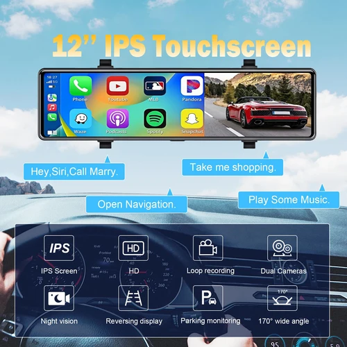 Imagen 2 del producto Aprilboy 12 ''4K Carplay y Android Auto coche DVR Dash Cam cámara con espejo retrovisor para grabadora de vídeo cámara trasera 1080P