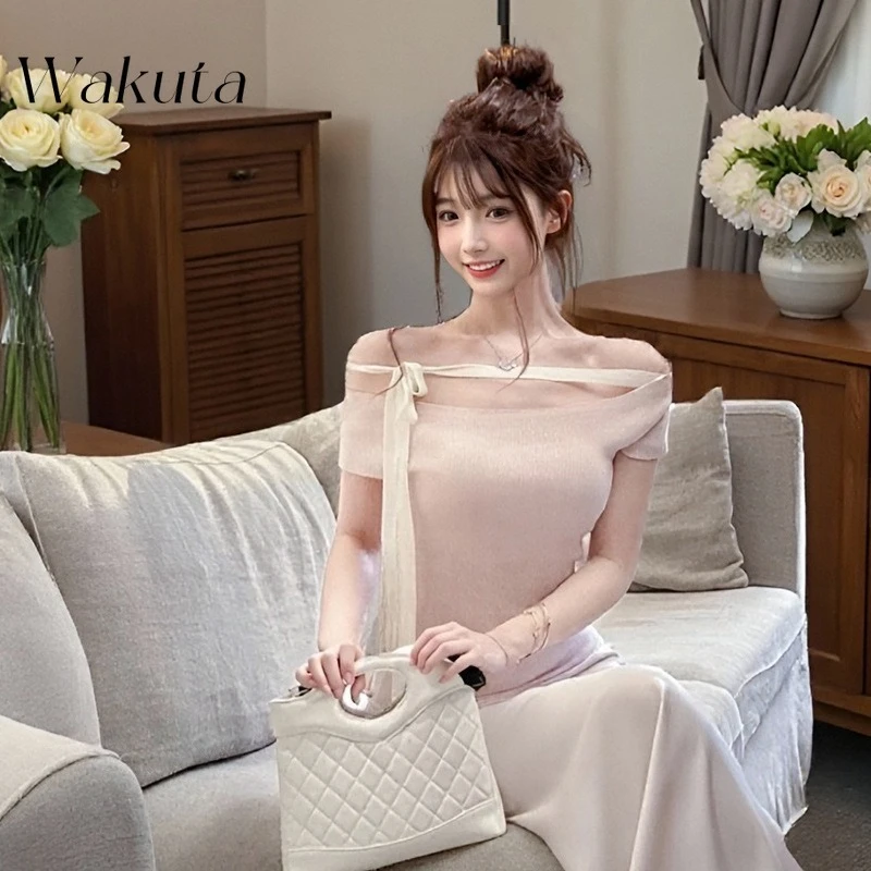 

WAKUTA Japan Off Shoulder Knit Woman Clothing Hit Color Slash Neck Ropa De Mujer Summer Sweet Clothes Ribbon Design Tee Roupas