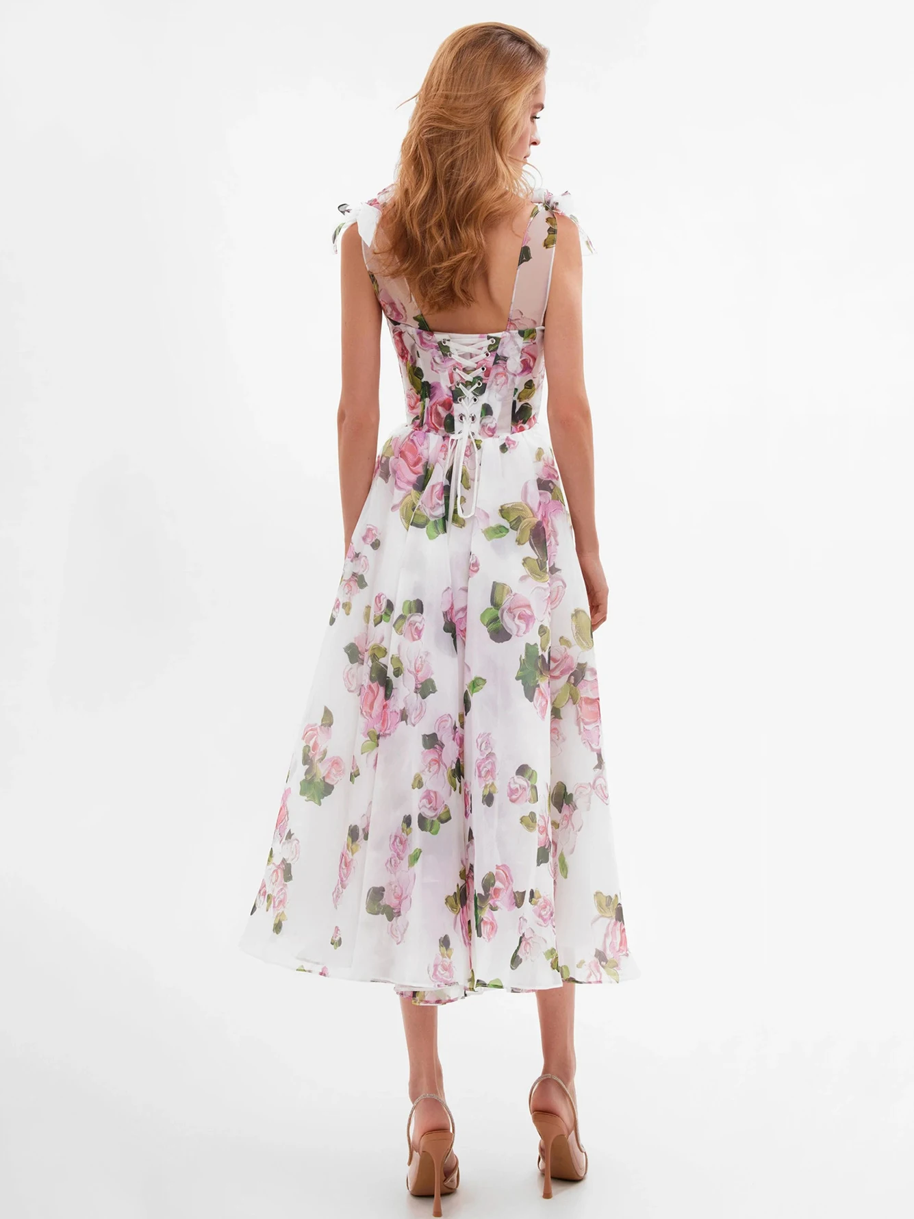 Vestido Midi con estampado Floral para mujer, traje Sexy de alta calidad con tirantes finos, sin mangas, Espalda descubierta, cordones, vacaciones, fiesta