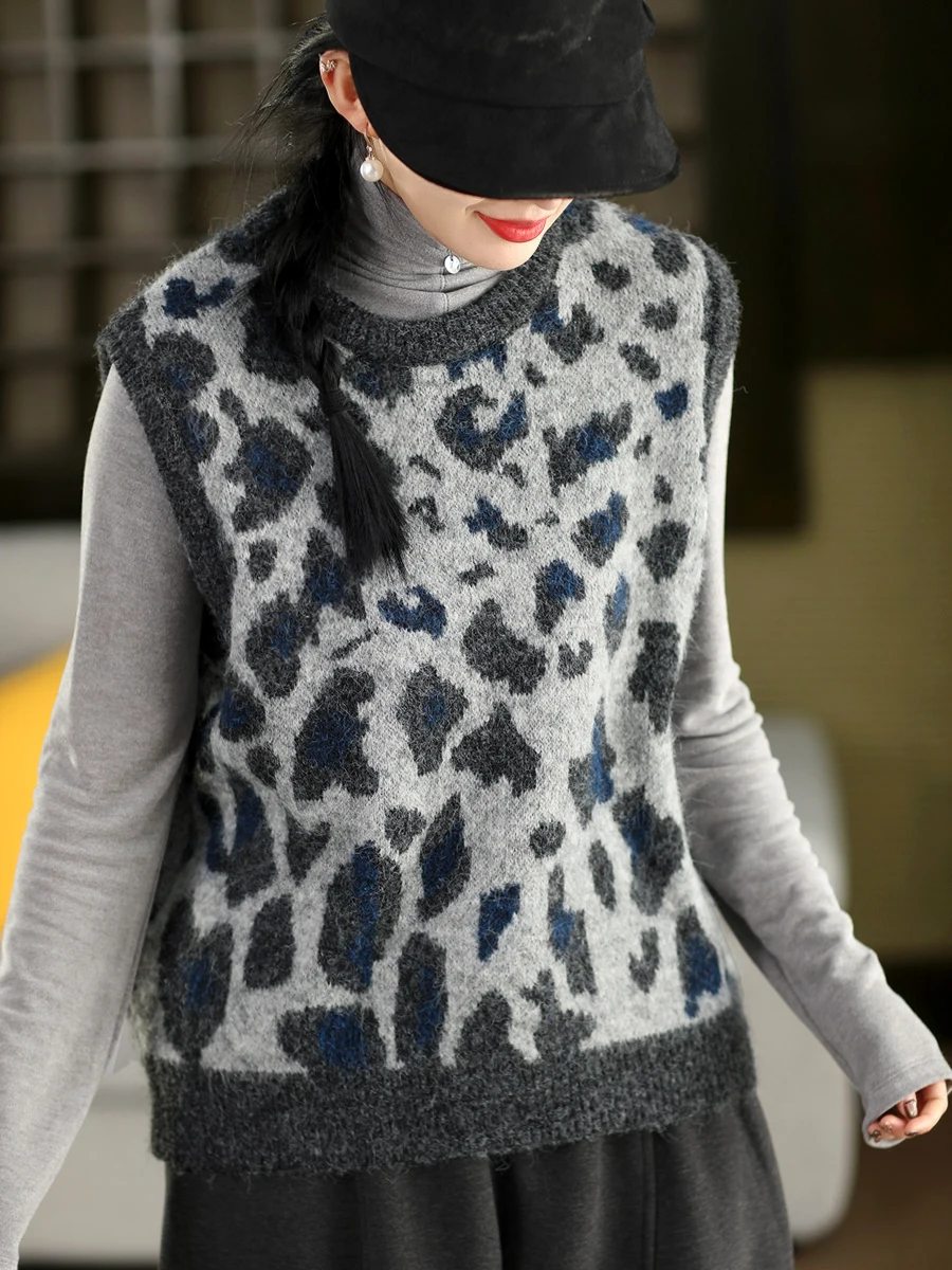 

Модный вязаный жилет с леопардовым принтом, весенний, женский, в стиле ретро, свободного кроя, теплый, с круглым вырезом, без рукавов