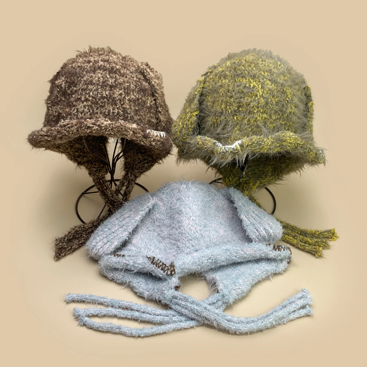 

Korean Sweet Cute Little Rabbit Ears Stripes Plush Knitted Hats New Women Warm Lace Fashion Outdoor Versatile Casual ins Beanies