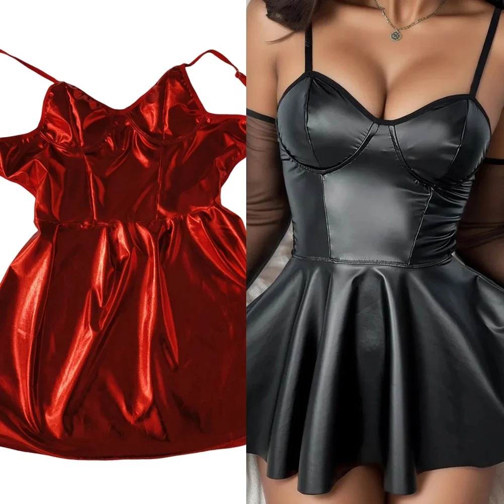 

Women Ladies Erotic Lingerie Black Leather Mini Dress Porno Costumes Nightclub Sexy Clubwear Sleeveless