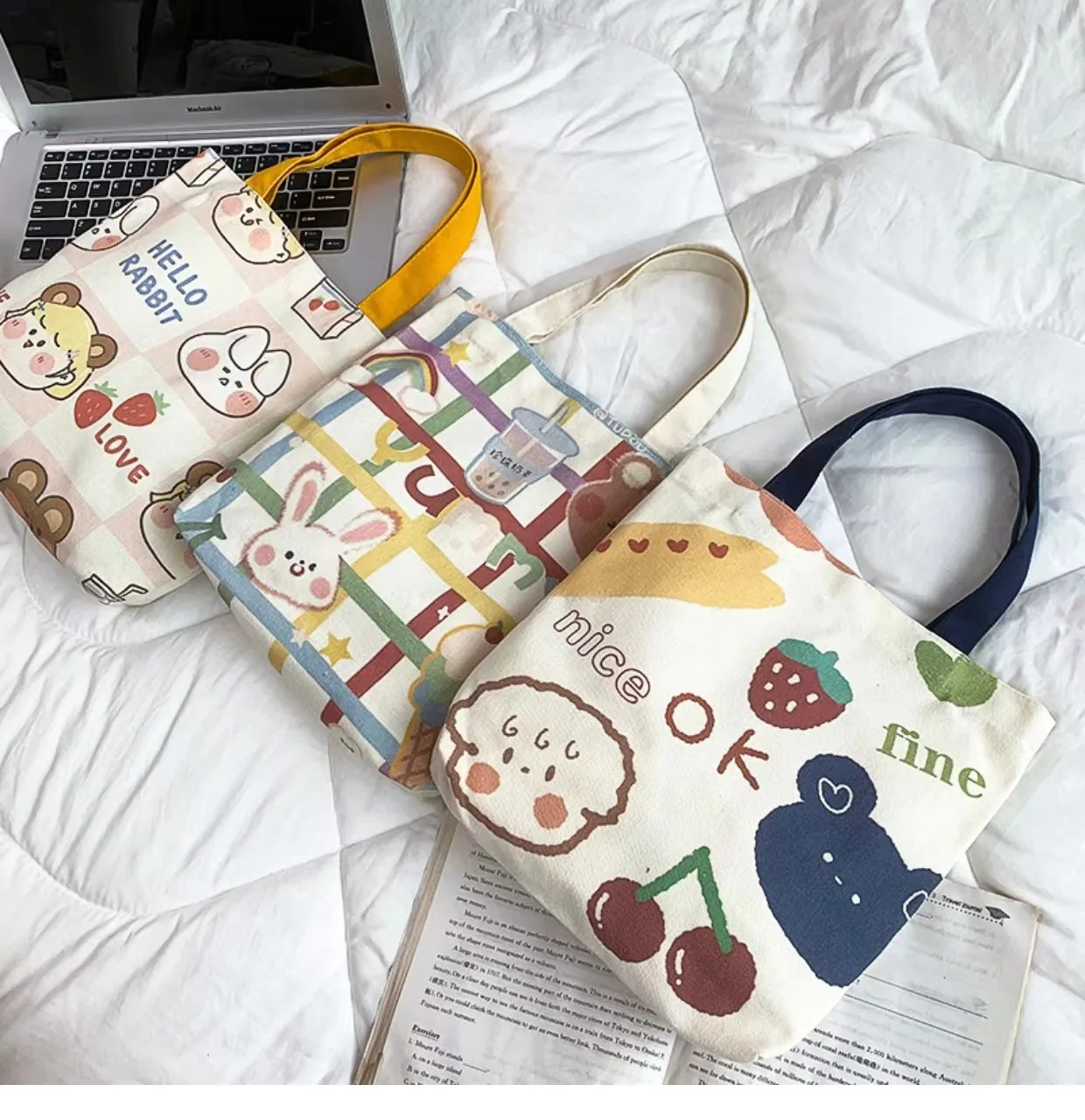 Bolso de lona con estampado de dibujos animados para mujer, bolsa de hombro ligera, versátil, soporte para compras, bolso de mano de moda para niñas