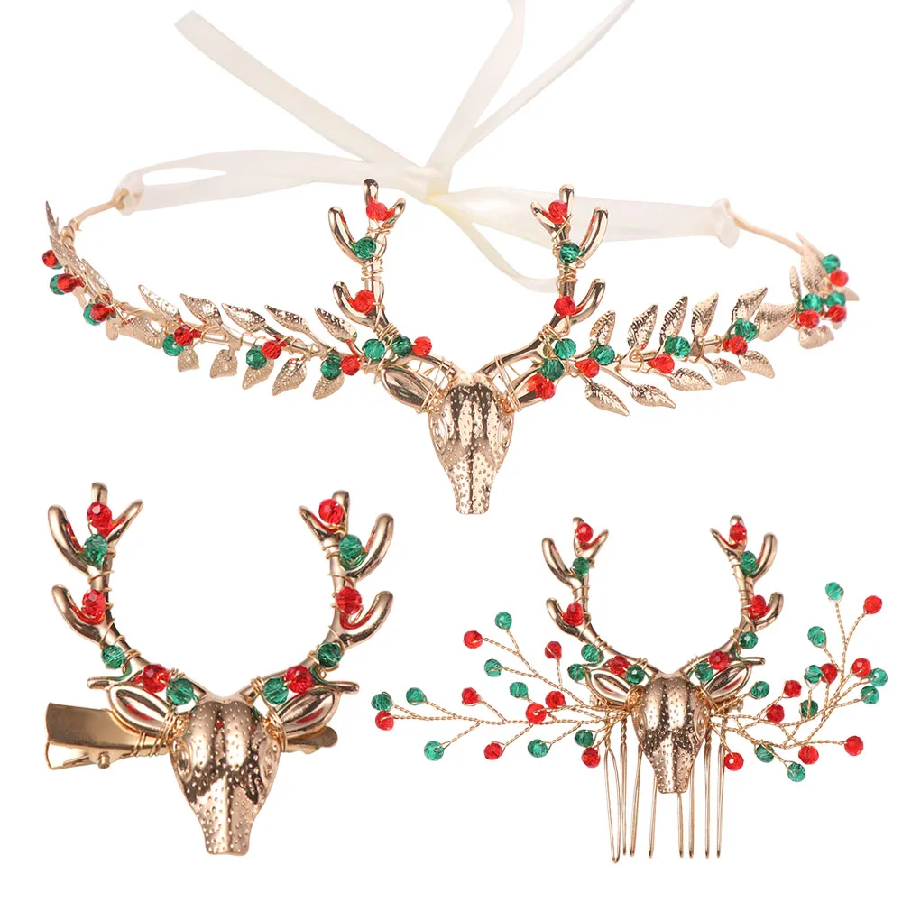 

Vintage Crystal Christmas Headband Hair Comb Hair Clip Hairpin Set Jewelry Crown Antlers Hairband Girl