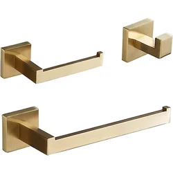 Brushed Gold Bathroom Accessories Set 3-Piece Bathroom Hardware Set Wall Mounted Toilet Paper Holder Hand Towel Ring Robe Hook