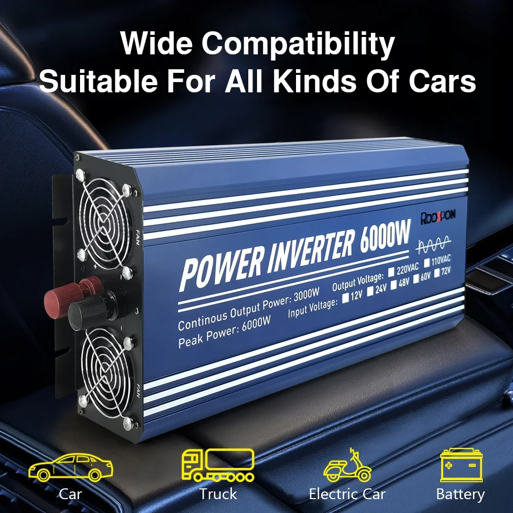 6000W 5000W Car Inverter DC 12V 24V To AC 220V Pure Sine Wave Inverter 50/60Hz Power Inverter Transformer with USB LED Display