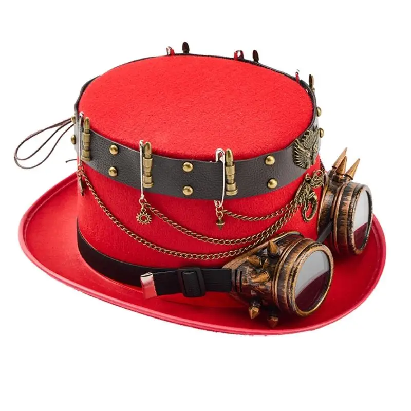 R7UF Gothic Hat Coser Metal Chain Rivets Dark Mechanical Design For Themed Parties Cosplay Photo Props