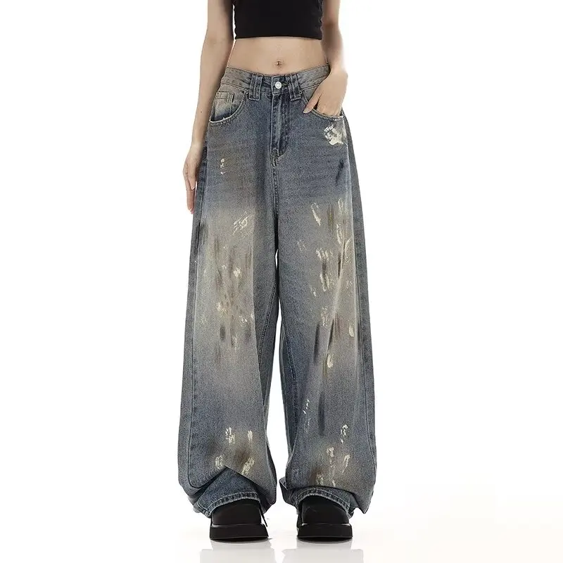 

New Graffiti Ink Splashing Mud Dyed Baggy Jeans for Men and Women Washed Streetwear Loose Casual Denim Trousers Oversized Cargos