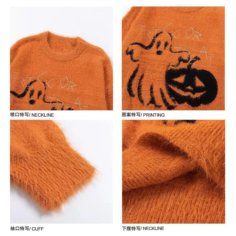 Halloween Pumpkin Ghost Men O Neck Long Sleeve Sweater Fairy Graphic Funny Fashion Loose Couple Clothes Holiday Party Mardi Gras