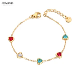 JeeMango Colorful CZ Crystal Heart Charm Bracelets For Women Gold Plated Stainless Steel Bohemia Party Chain Bracelet JB22086