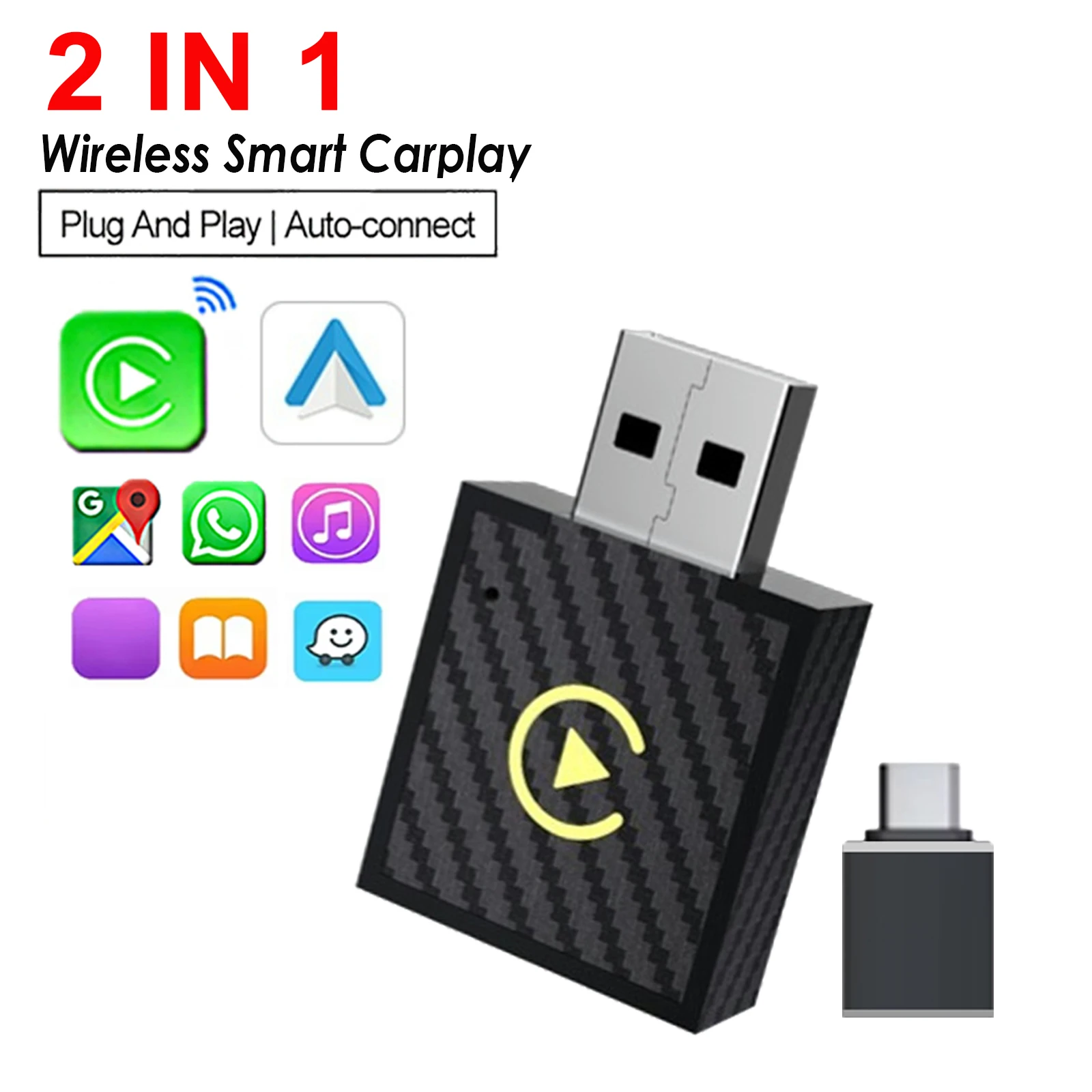 

2 In 1 CarPlay Adapter Android Auto Ai Box Wired to Wireless Carplay Dongle Plug & Play USB Type C Connection For OEM Car Player