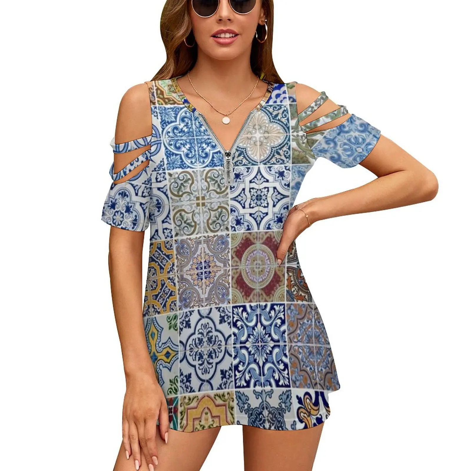 Set Of 48 Ceramic Tiles Patterns Women'S T-Shirt Summer Fashion Print Floral V-Neck Zipper Tshirt Hollow Pullover Ladies Top