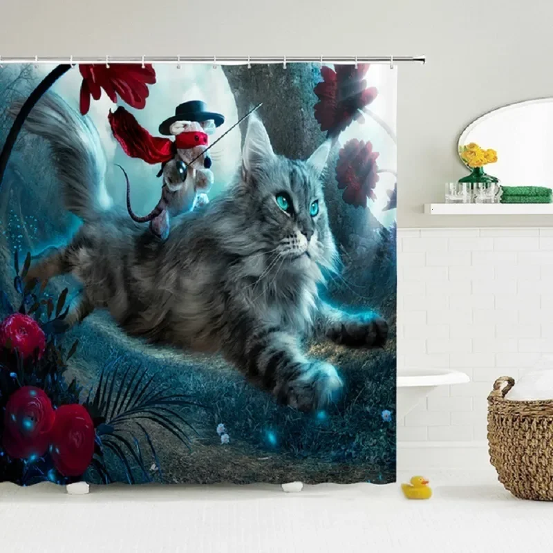 

Multi-Style Shower Curtain with Tropical, Cat & Geometric Prints, Waterproof Polyester Bathroom Curtain with Hooks