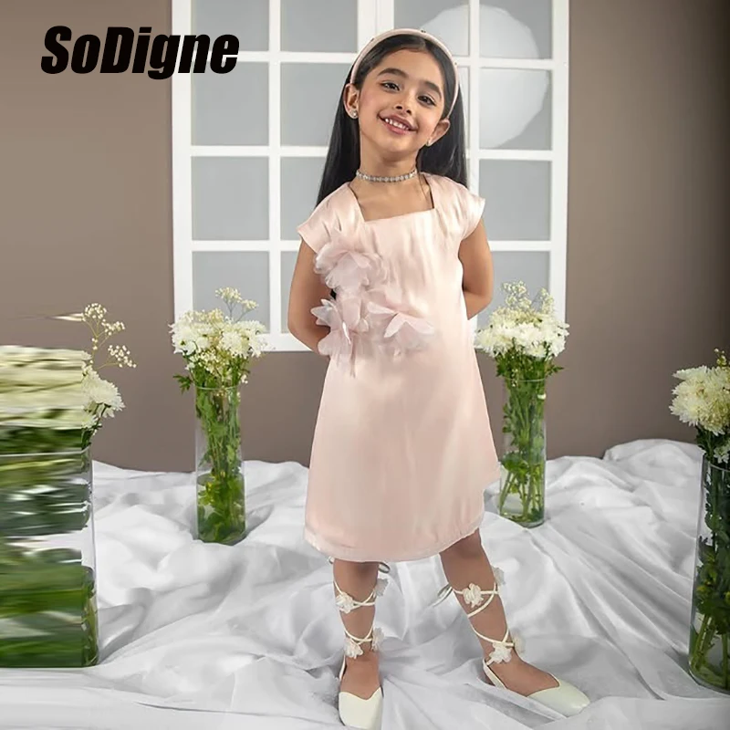 SoDigne A-line Arab Flower Girl Dress Square Collar Shiny Satin Elegant Party Girl Gowns Mini Birthday Dresses Customized