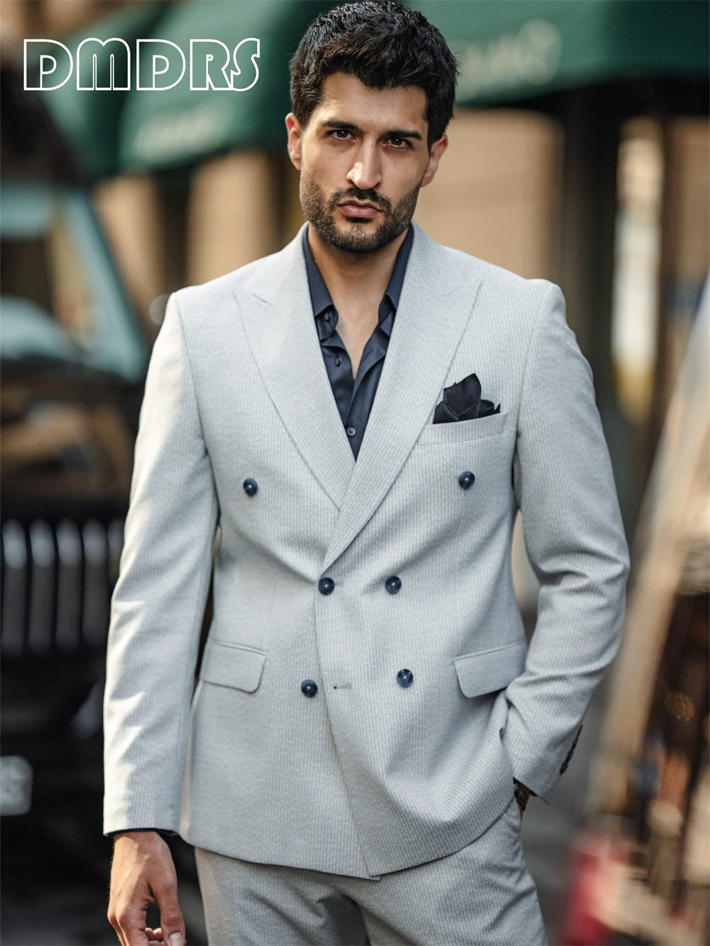 Double Breasted Light Grey Suit for Men, 2 Pieces Plus Size Men's Wedding Suits for Groom, Peak Lapel Formal Tuxedo