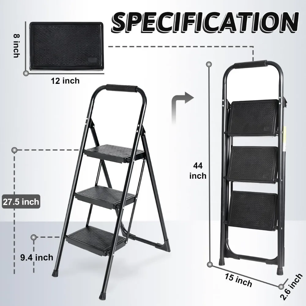 Step Ladder 3 Step Folding with Handgrip, Heavy Duty 440Lbs Load Step Stools for Adults, Safer Ladder for Home/Kitchen