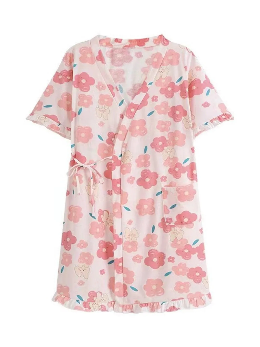 

Loose Short Sleeve Floral Print Sleep Dress V-Neck Tie Dye Splice Anti-Aging Large Size Home Clothes Youth Summer Nightgown