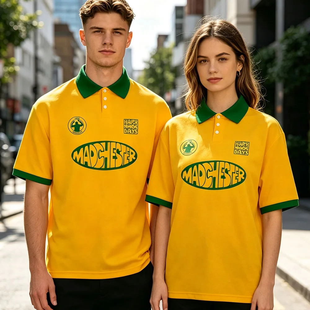 Happy Mondays Pills N Thrills Yellow Football Shirt Summer 3 Button Loose Polo Shirts Short Sleeve