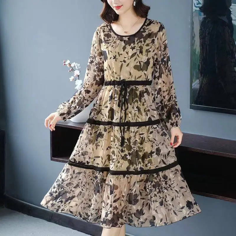 Casual Stylish Printed Spliced Dresses Spring Autumn Elegant A-Line Waist Female Clothing Drawstring Commute O-Neck Midi Dress