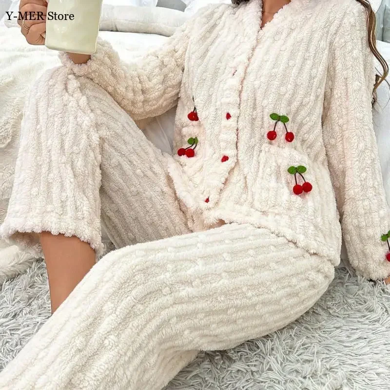 Autumn Winter Warm Fleece Pajamas Homewear Women Cute Cherry Pattern Sleepwear Sleepwear Loungewear Cardigan Suit Loungewear