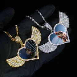 Hip Hop Jewelry Wing Heart Memory Photo Pendant Brass Zircon Iced Paved Heart Picture Necklace With Cuban Chain Couple Gift