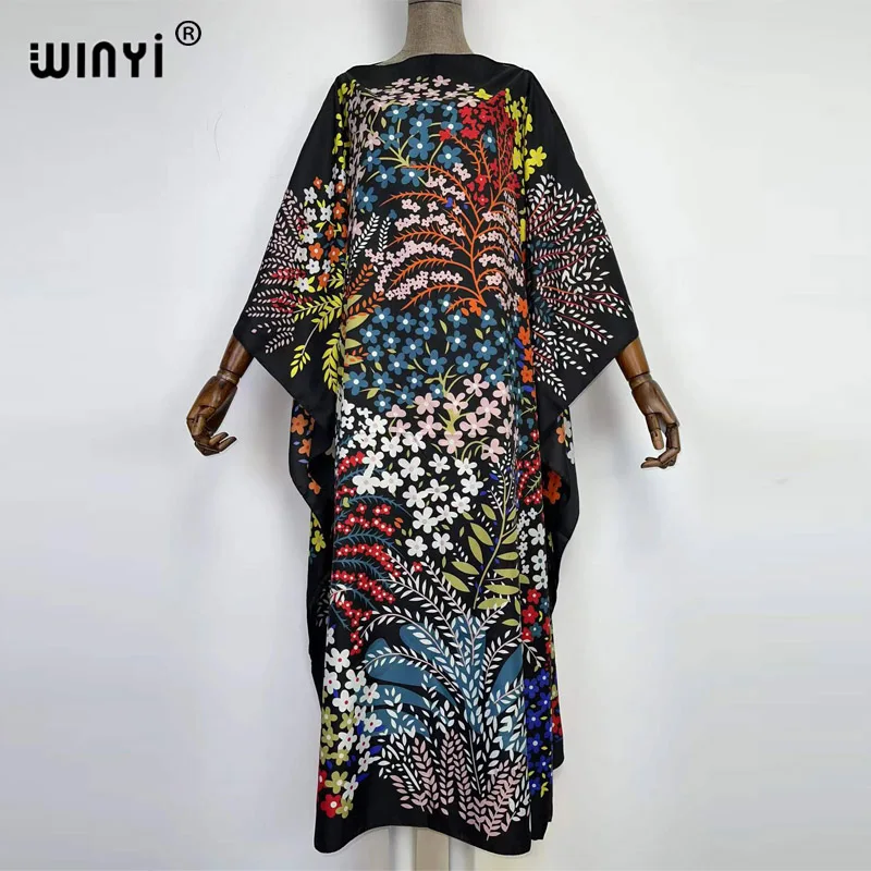 2022 MIddle East robe kaftan Women WINYI Boho Summer Casual twill Floral Evening Party Beach Long Maxi abaya rayon silk dress