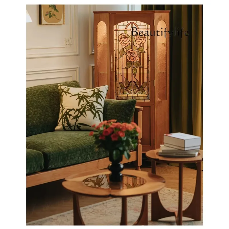 

Tt Rose Corner Cabinet Cherry Wood Solid Wood Wine Cabinet American Retro Living Room Triangular Corner Corner Cabinet