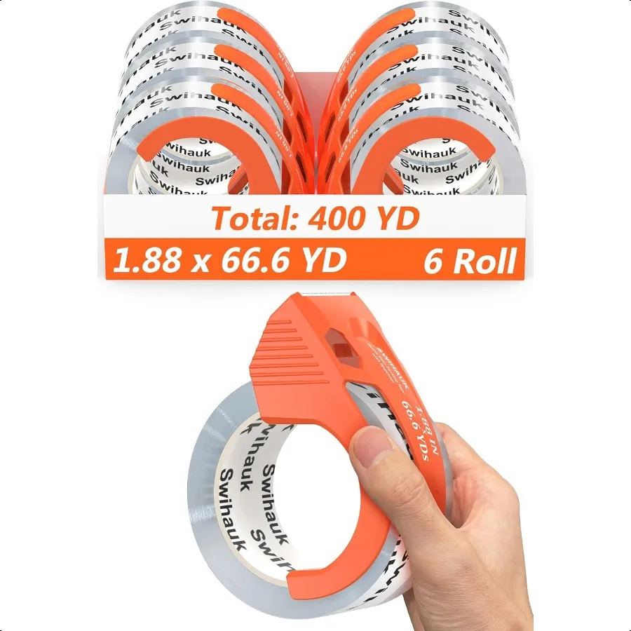 

Total 400 yd 6 Pack 1.88 in x 66.6 yd Heavy Duty Packing Tape with Dispenser Combo Clear Shipping Tape Packaging Tape Package T