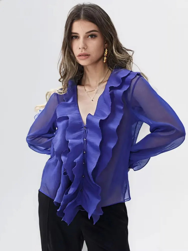 

HH Fashion Summer Blouse For Women Solid Long Sleeves V-neck Puff Sleeves Single-breasted Layered Decorative Retro Shirts