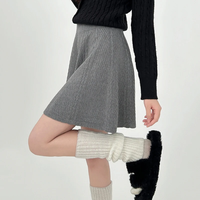 Outono inverno mini saia de malha feminina 2025 coreano cintura alta uma linha saias para mulher estilo preppy cinza saia plissada senhoras