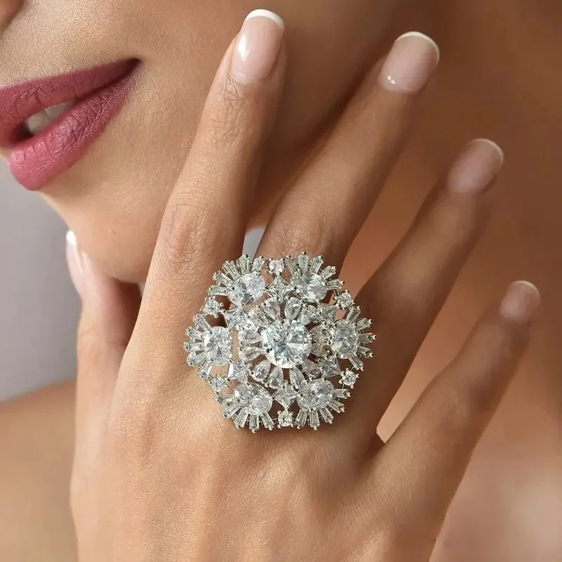 

Snowflake Flower Cubic Zirconium Rings for Women Y2k Luxury Girls Aesthetic Big Finger Ring Adjustable Wedding Accessories