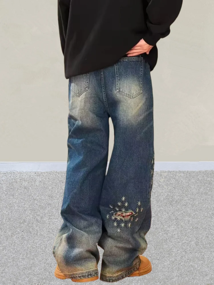 2025 Ropa Y2K Streetwearลายสก๊อตPatchwork Baggyซ้อนกางเกงยีนส์กางเกงสําหรับชายเสื้อผ้าตรงกางเกงยีนส์สีฟ้าPantaloni Uomo
