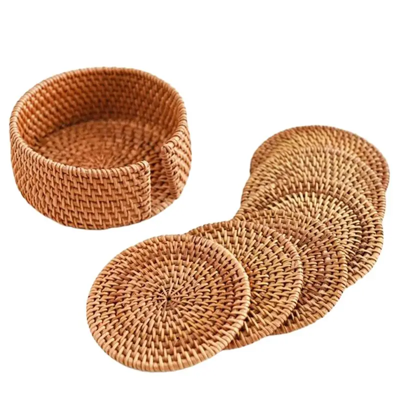 ABMI-Rattan Weave 6Pcs Drink Coasters Set For Tea Accessories Round Tableware Placemat Dish Mat Cup Mat Pad 10 Cm Diameter,
