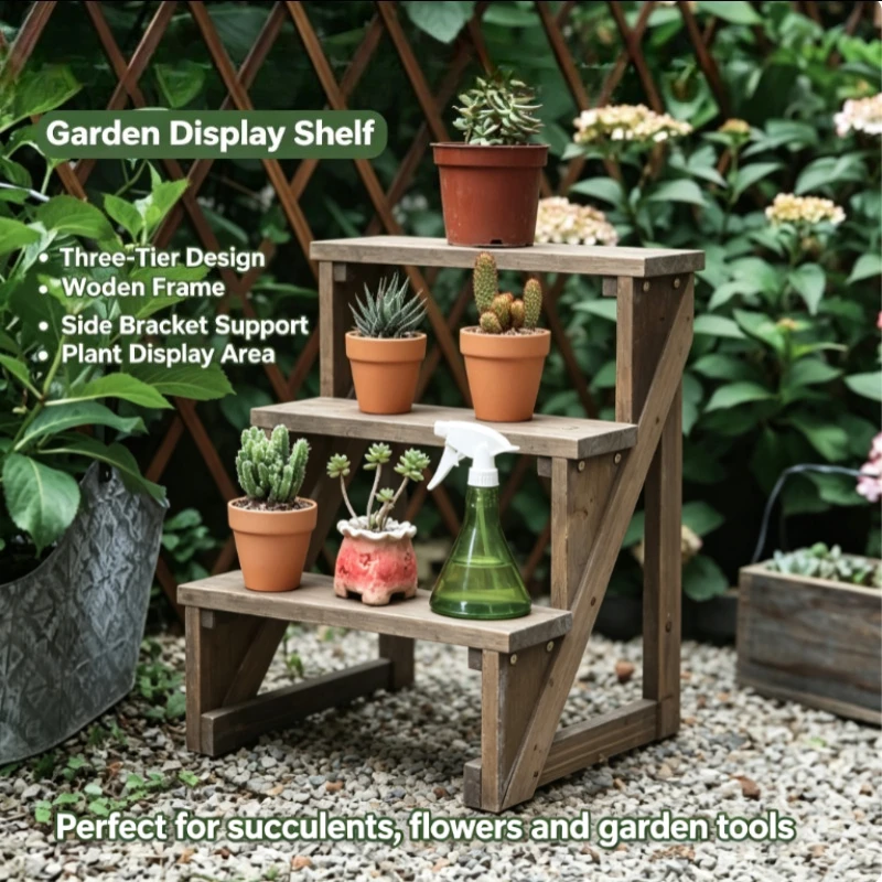 3 Tier Ladder Plant Stand Rustic Solid Wood Step Shelf Distressed Finish  Leaning Flower Rack for Balcony Patio Corner Display